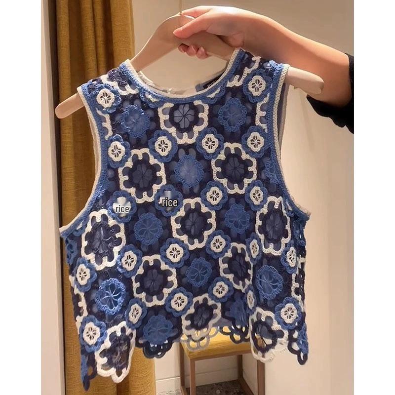 Exquisite Summer Blue Knitted Hollow Camisole Vest – 2026 New Women s Unique Design One Size