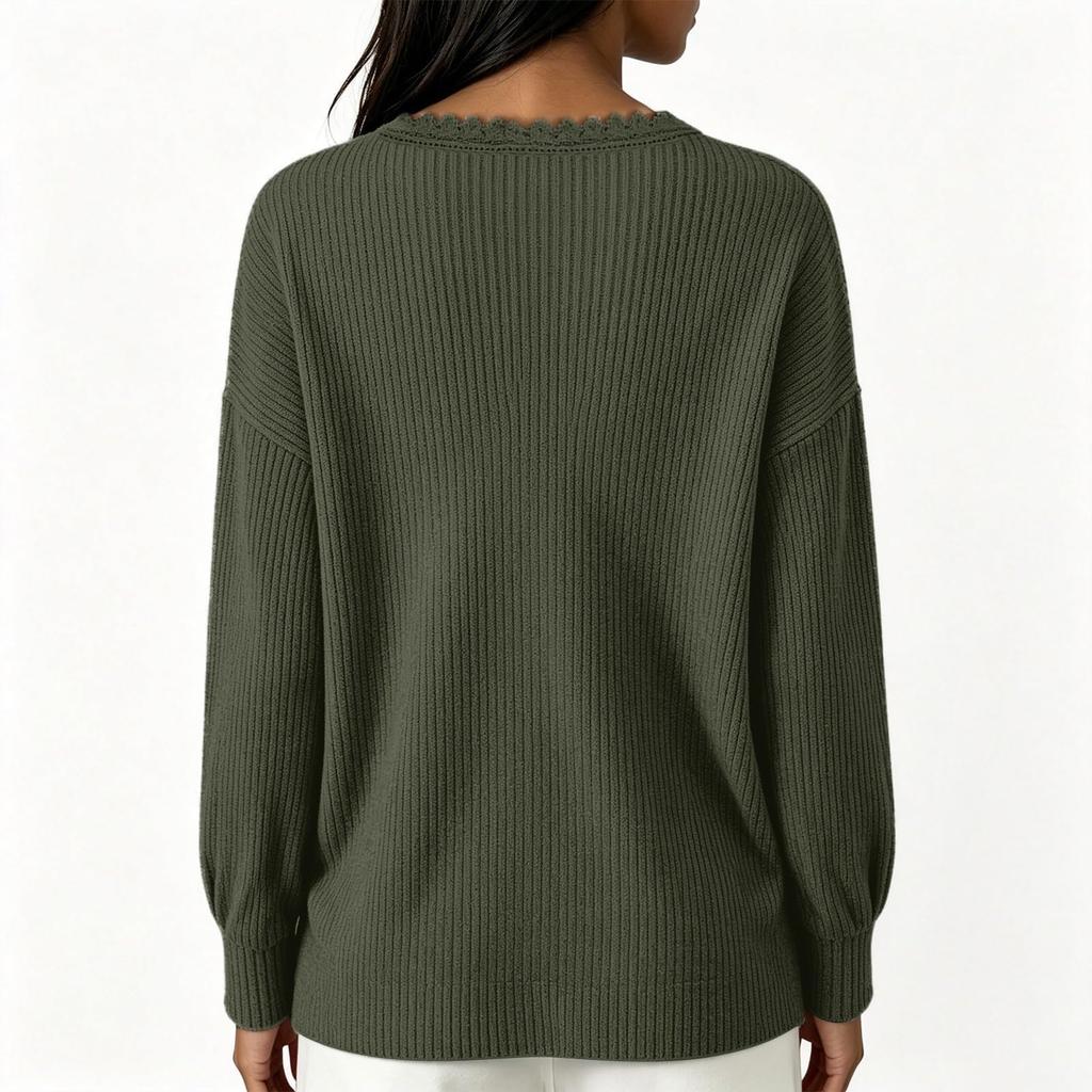 Women's Fashion Color Lace V-Neck Long Sleeve Loose Fit Blouse