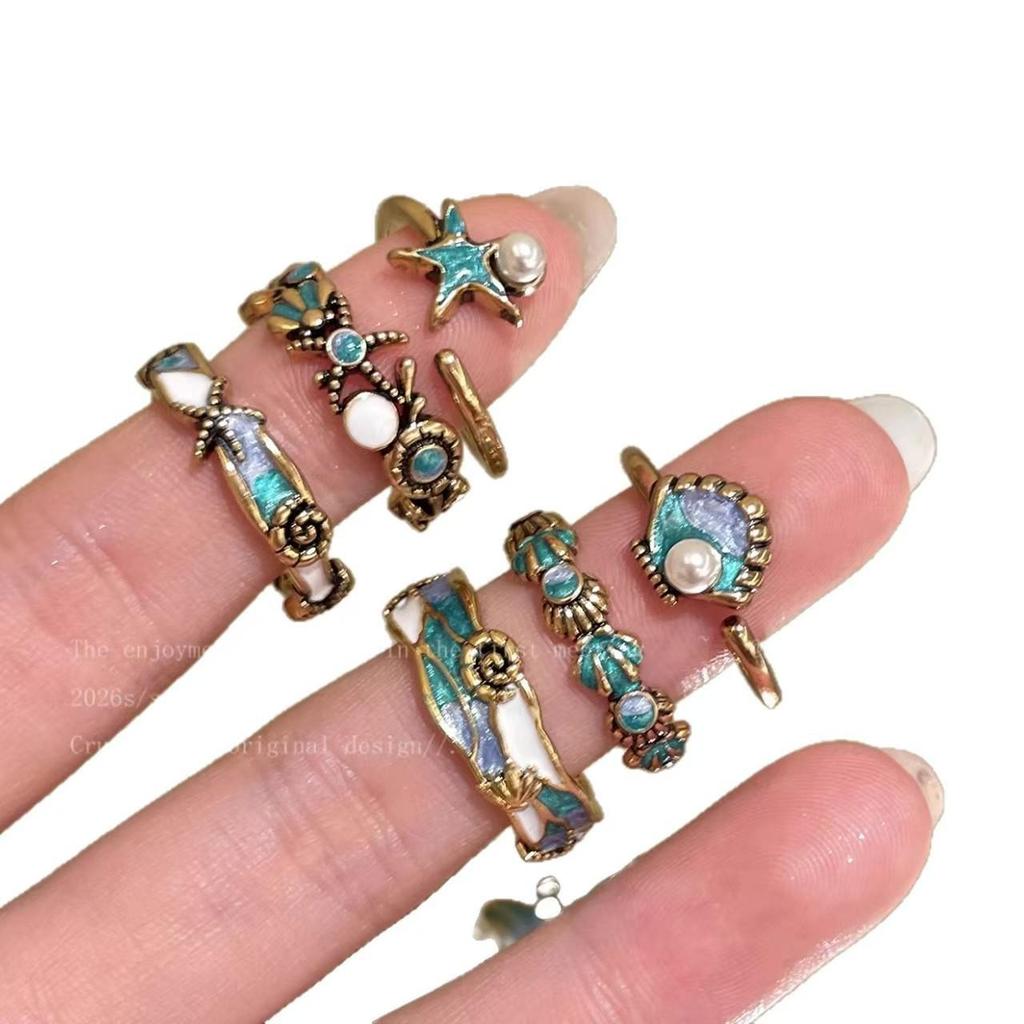 Retro Ocean Party Enamel Seashell & Pearl Starfish Ring for Women – Stackable Index Finger Jewelry