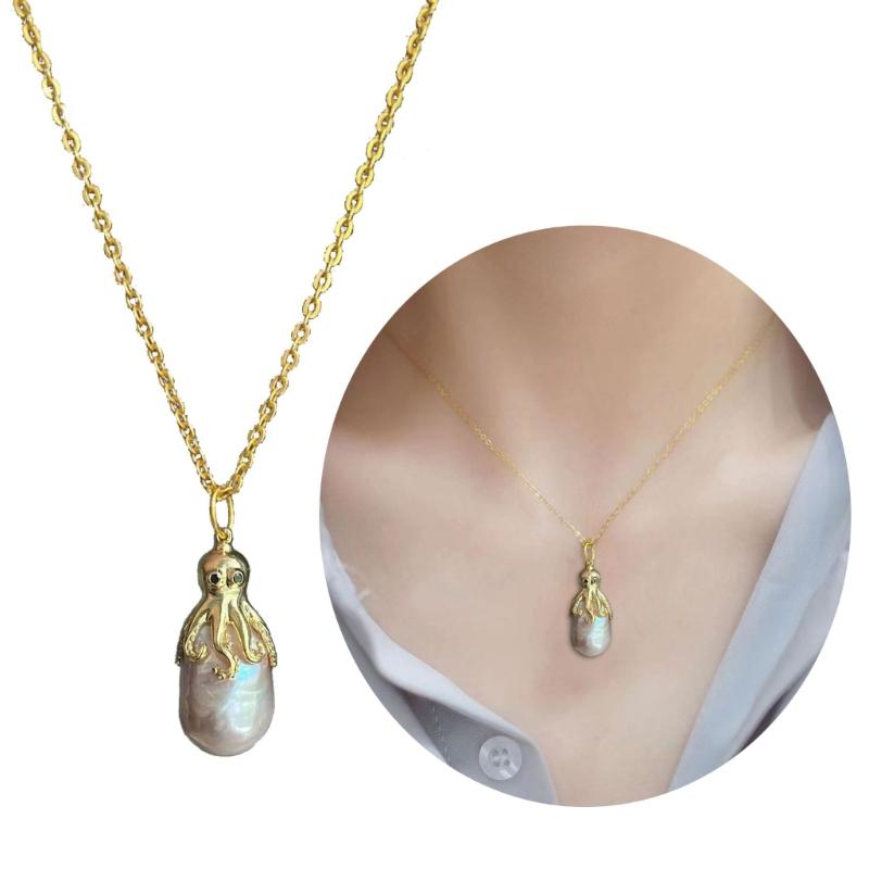 Marine Octopus Jellyfish Pendant Necklace For Women Girls Vintage Natural Pearls Marine Life Necklaces Fashion Jewelry