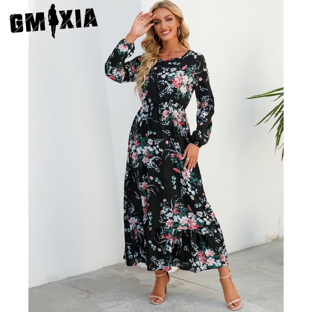 GMXIA Spring Summer Bohemian Women Maxi Dress Casual Long Sleeve High Waist Beach Dress Women Floral Chiffon Dresses Vestidoes Mujer New