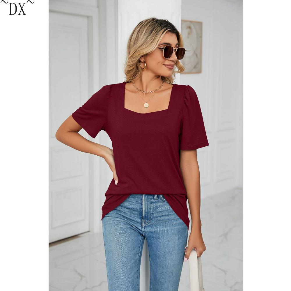 DX~~ Весенне-летняя новая однотонная свободная футболка с квадратным воротником — фото 12