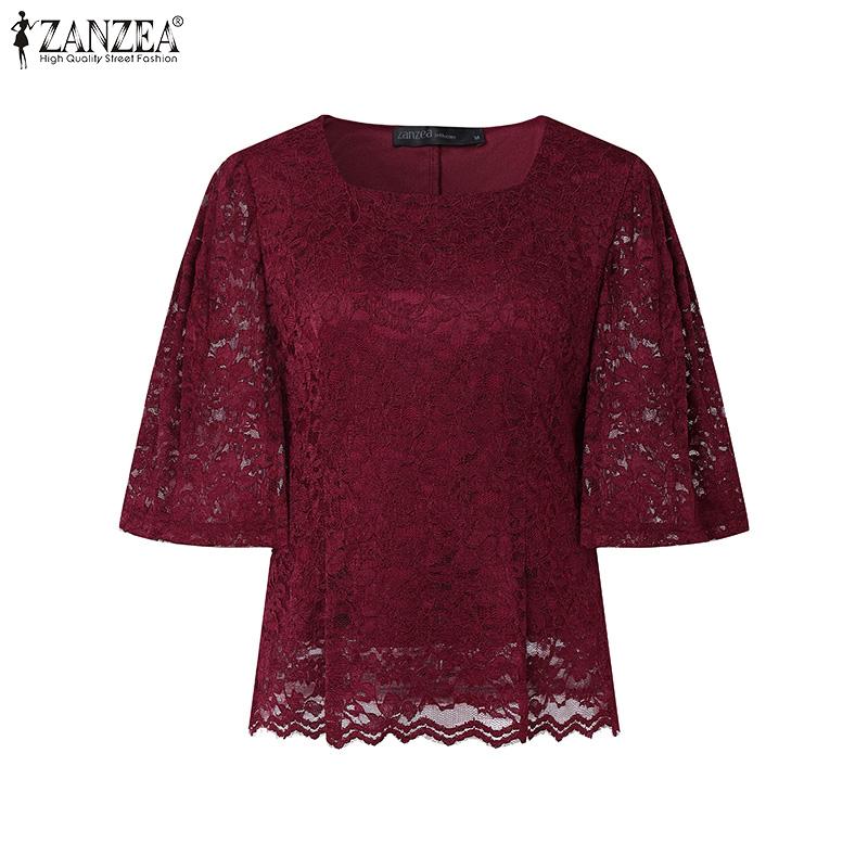 ZANZEA Women Casual Round Neck Summer Half Sleeve Lace Blouse
