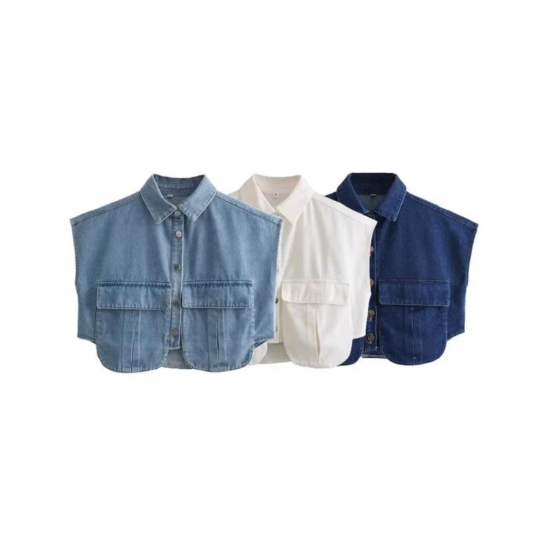 Giacche senza maniche da donna alla moda con tasche, gilet monopetto in denim con risvolto vintage, canottiere da donna