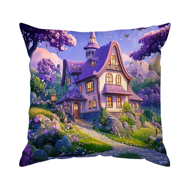 

Home Decor Enchanted Lavender Village & House Pillows Pattern Cushion Cover Suitable for Sofa Bedroom Car Pillow Cover 16x16Inch