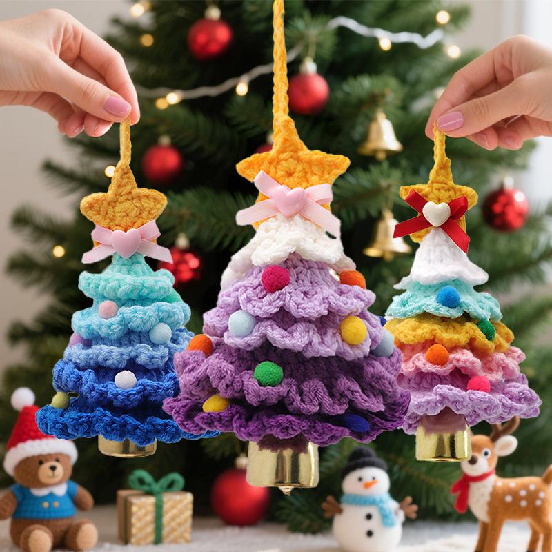 Fluffy Knitted Crochet Christmas Tree Pendant with Jingle Bell for Xmas Stocking Stuffer Home Holiday Party Decor