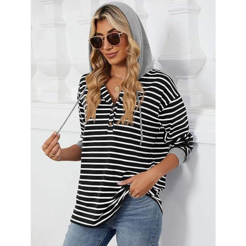 YYFS Women's Fashion Casual Stripe Print Long Sleeve Hooded Hoodies & Sweatshirts