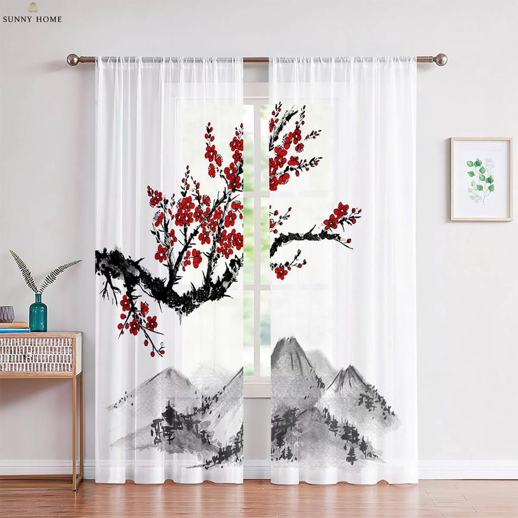 Set Of 2 Landscape Ink Painting Printed Curtains Black White Bedroom Living Room Study Decorative Made Polyester Great Window Treatment
