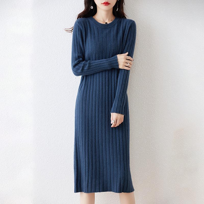 Women's Thickened Long Wool Sweater Dress - Round Neck, Slim Fit, Mid-Length, Warm Knitwear for Autumn and Winter