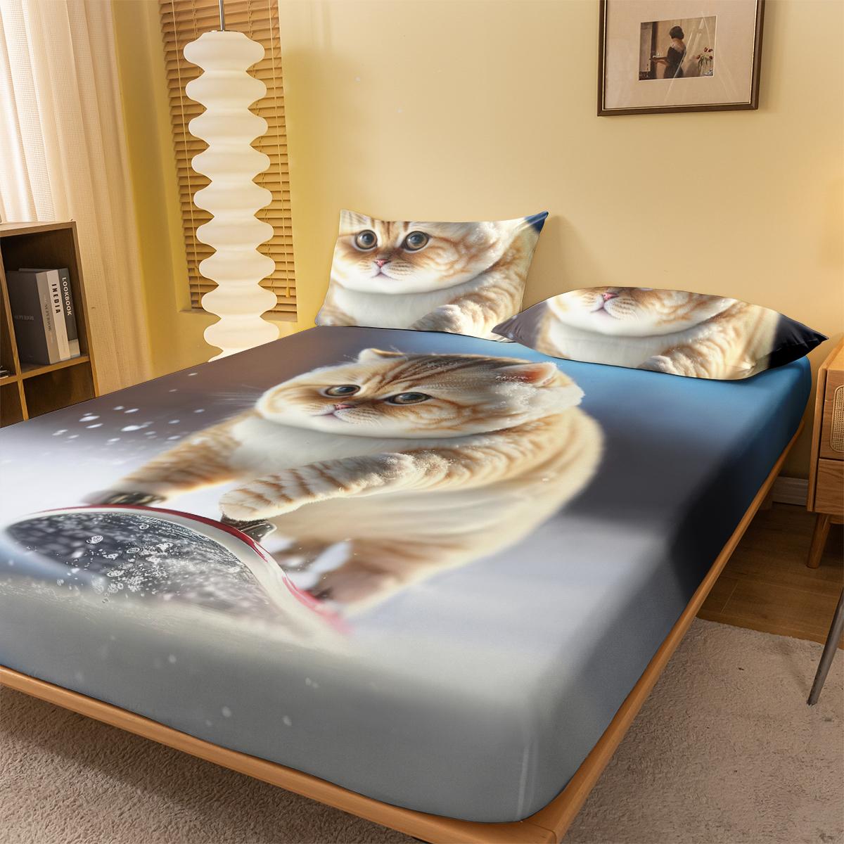 

1 Cartoon Cute Animal Cat Digital Printed Frosted Fitted Sheet,bedroom Printed Bed Cover,bedding(No Pillowcase) 71x132cm