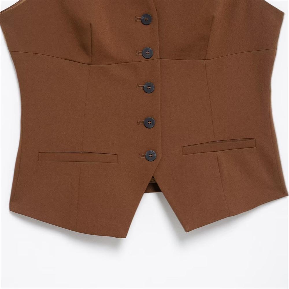 2025 Women's Slim-Fit V-Neck Vest Top with Pocket Detail for Spring/Summer