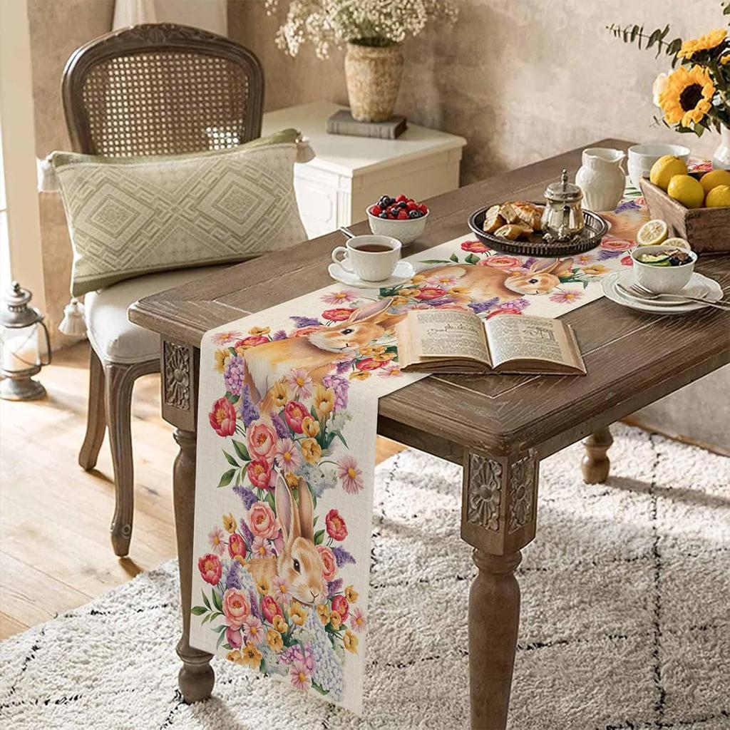 Easter Bunny Floral Linen Table Runner Holiday Party Decor Reusable Farmhouse Kitchen Dinning Table Runner Easter Decorations