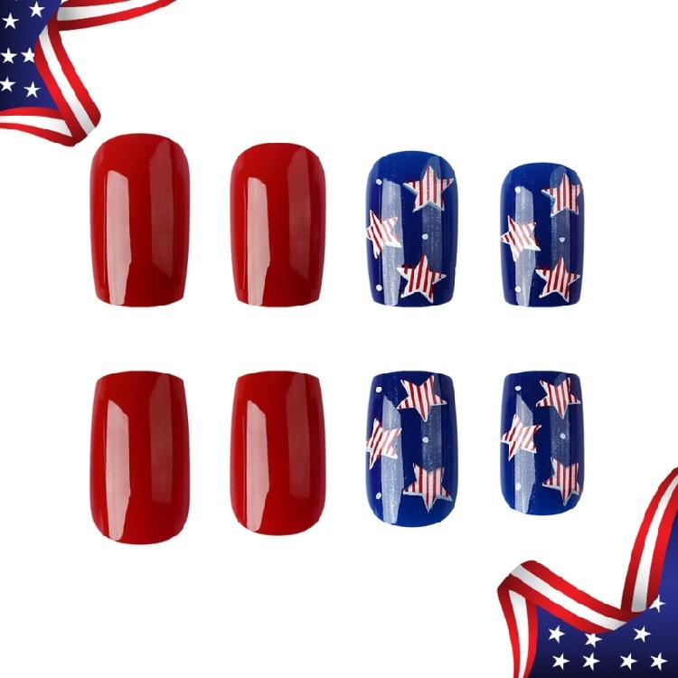 24 Pcs 4th of July Stick on Nail Independence Day Artificial Nail Square Full Cover False Nail Stars Press On Nail