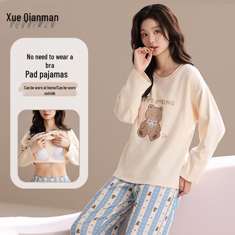 Women s Cute Bear Cotton Long Sleeve Pajama Set with Chest Pads XL