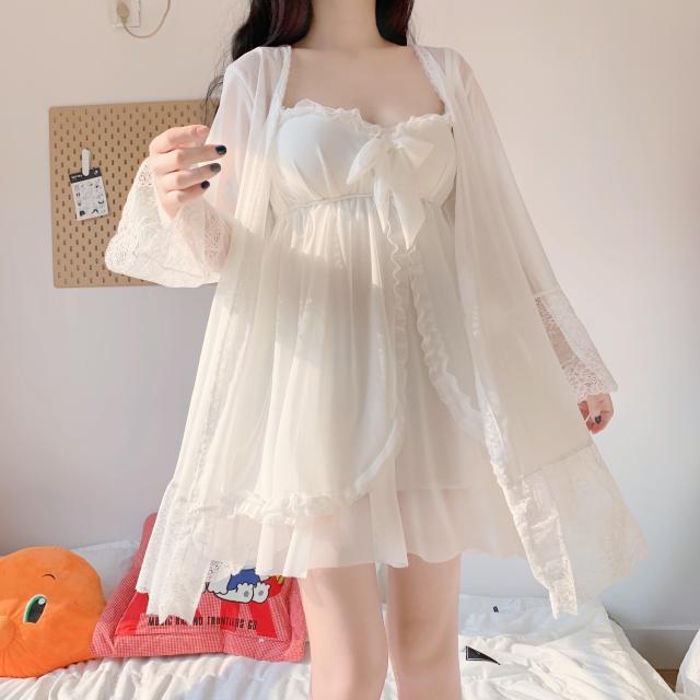 Summer Sexy Pajamas with Breast Pads Female Lace Pajamas Robe Gown Sexy Sleepwear White Lace Night Gown Lingerie for Women