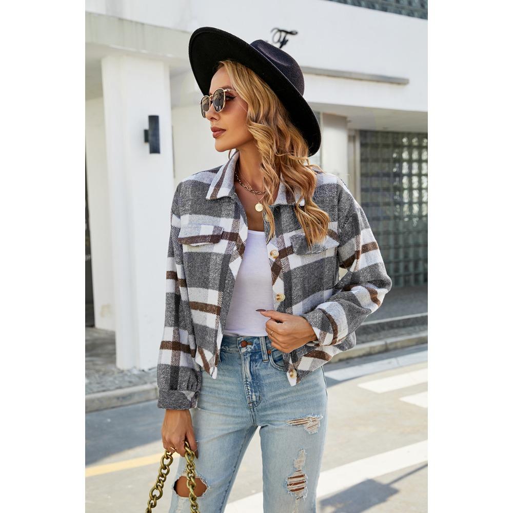 

Осенне-зимняя свободная клетчатая рубашка с лацканами, короткое шерстяное пальто для женщин XL серый