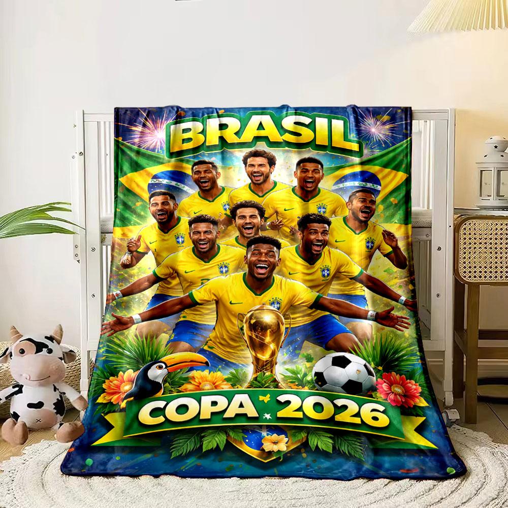 Soccer team in yellow jerseys with Brazil flags and Copa 2026 below. for all seasons blanket lunch break throw gift