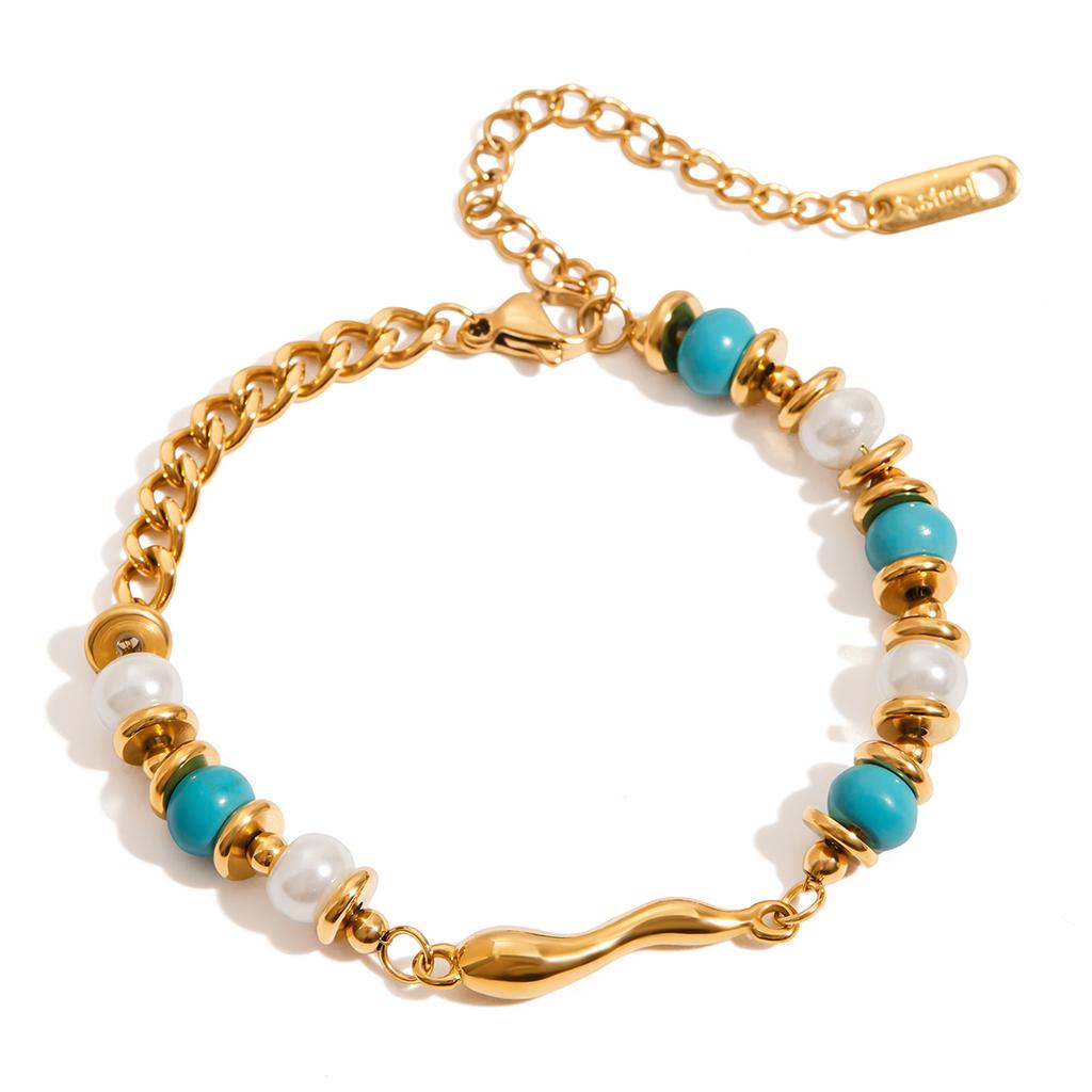 Youthway Retro Feng Shui Teardrop Pendant With Turquoise Bracelet Stainless Steel Gold Color Plated Resin Pearl Women'S Bracelet