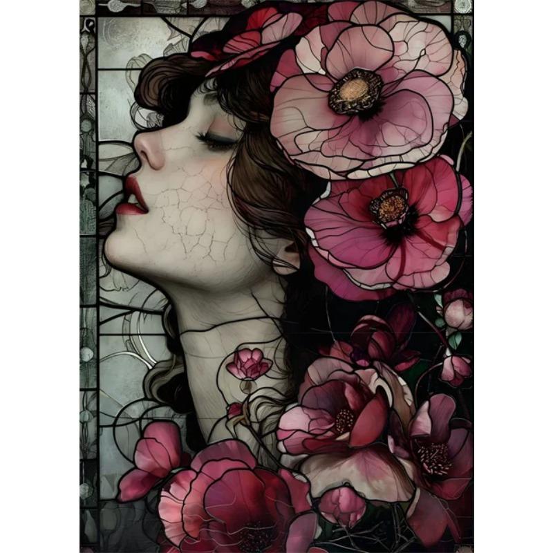 Beautiful Woman Floral Stained Glass Canvas Posters Canvas Print Art Painting Gothic Woman Flowers Wall Art Mural for Home Decor