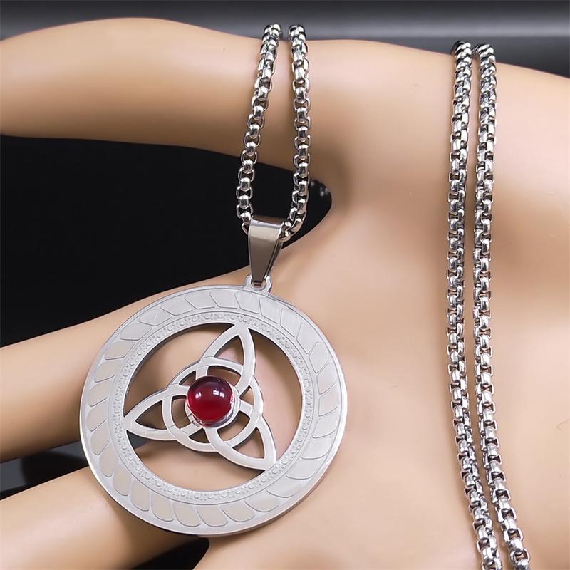 Celtic Trinity Knot Triquetra Necklace for Women Men Silver Color Stainless Steel Stone Witch Necklaces Jewelry Collar N8064S02