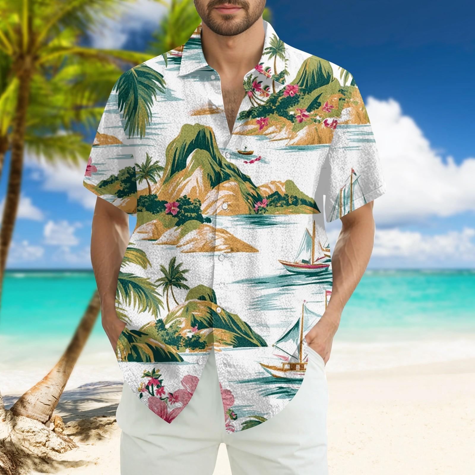 Men s Fashion Loose Hawaiian Printed Short Sleeve Beach Shirt S