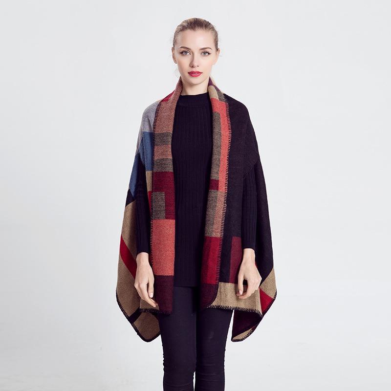 Autumn Winter European American Plaid Open Arm Shawl Scarf