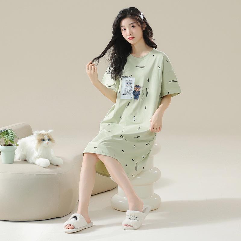 7A Women's Antibacterial Cotton Nightgown, Short Sleeve, Plus Size, Medium Length, Versatile for Outdoor Wear, Sweet Summer Home Dress