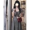 Black plaid bubble sleeve dress women's summer new small temperament thin a word long dress