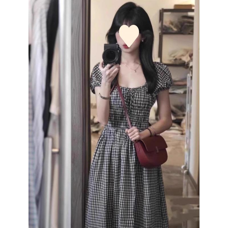 Black plaid bubble sleeve dress women's summer new small temperament thin a word long dress