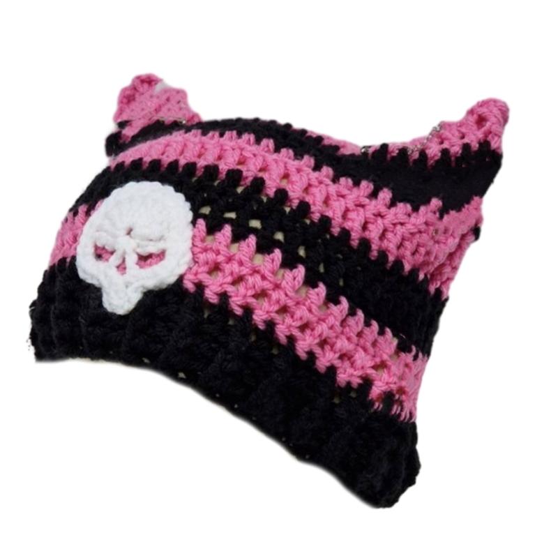Y2K Anime Ear Cap Windproof Hat Female Beanie Headwear Handcrochet Pullover Hat