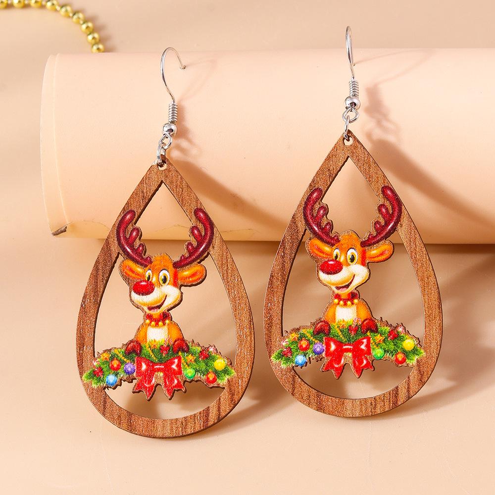 Cross-border Hollow Teardrop Wooden Christmas Earrings with Reindeer and Snowman