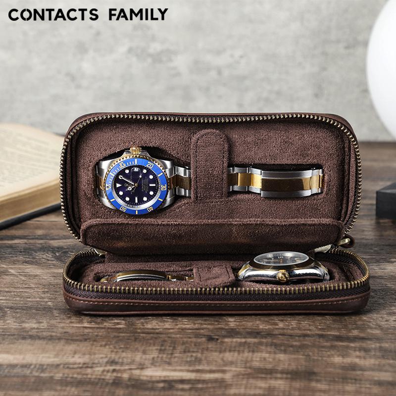 CONTACTS FAMILY Genuine Leather Watch Case Bag Watch Holder Vintage Zipper Travel Watch Display 2/4/6/8 Slot Storage Box Case Pouch