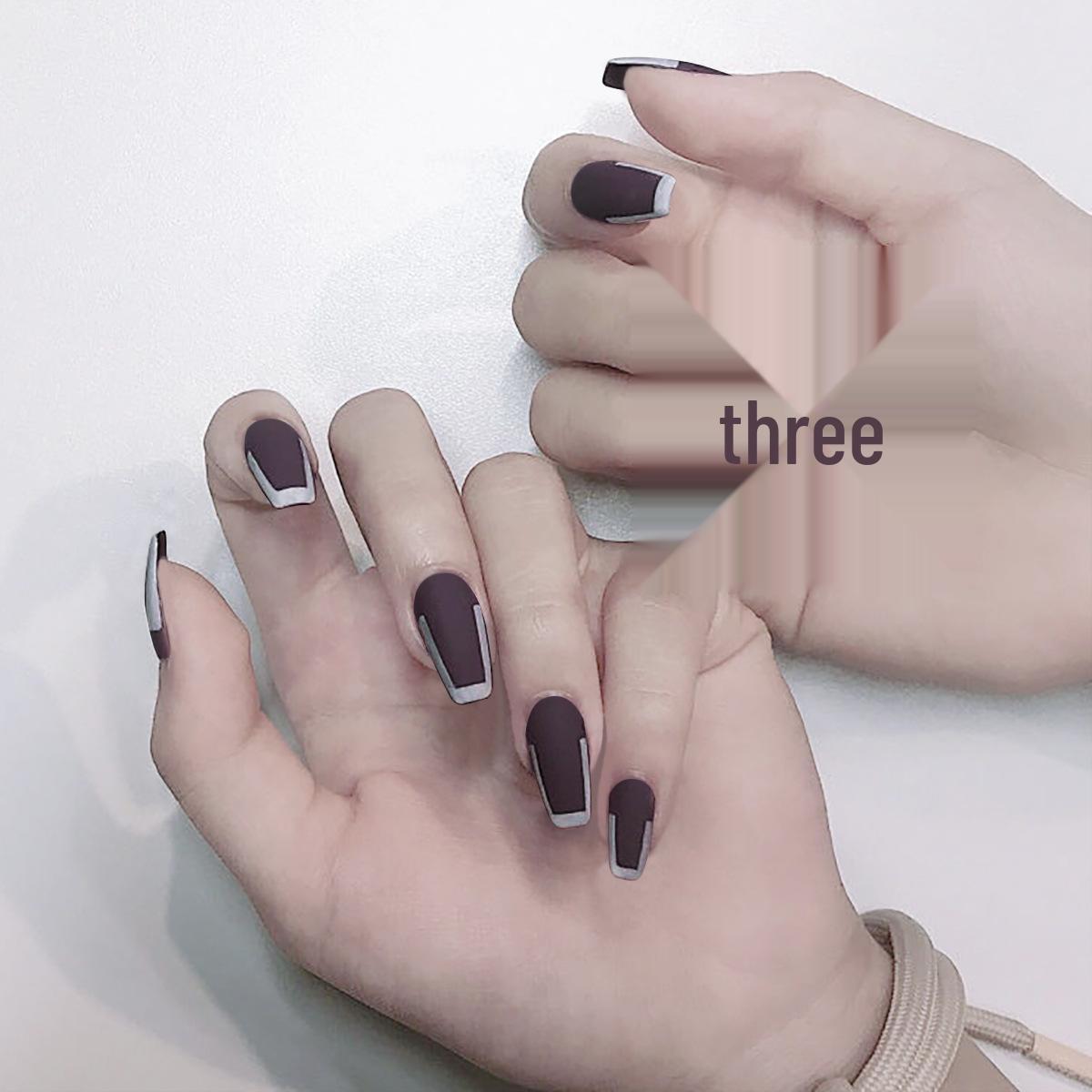 French Matte Purple Celebrity Style Wearable False Nails with Waterproof Nail Art Stickers