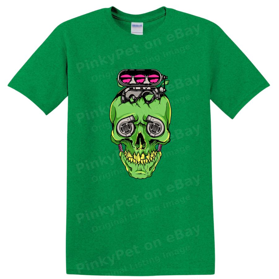 Green Skull Engine Graphic T Shirt Motorhead Gift Cool Tee Automotive Art