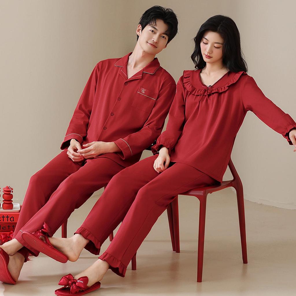 Couple's Wine Red Cotton Pajamas Set - Wedding & Festive Home Wear for Spring & Autumn