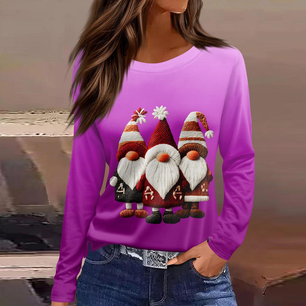 Damenmode Lässig Schlitz Saum Rundhals Langarm Lose Bedrucktes T-Shirt Damen Top
