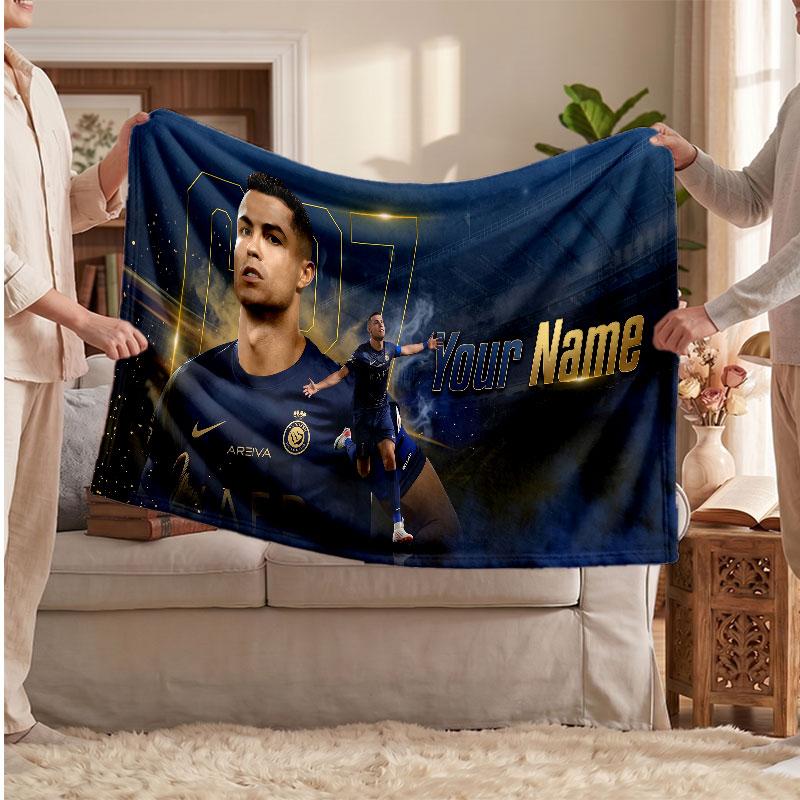 Futbol Logolu Kişiselleştirilmiş Cristiano Ronaldo Polar Battaniye, Özel İsim Yazılı Yumuşak Sıcak Ev Battaniyesi