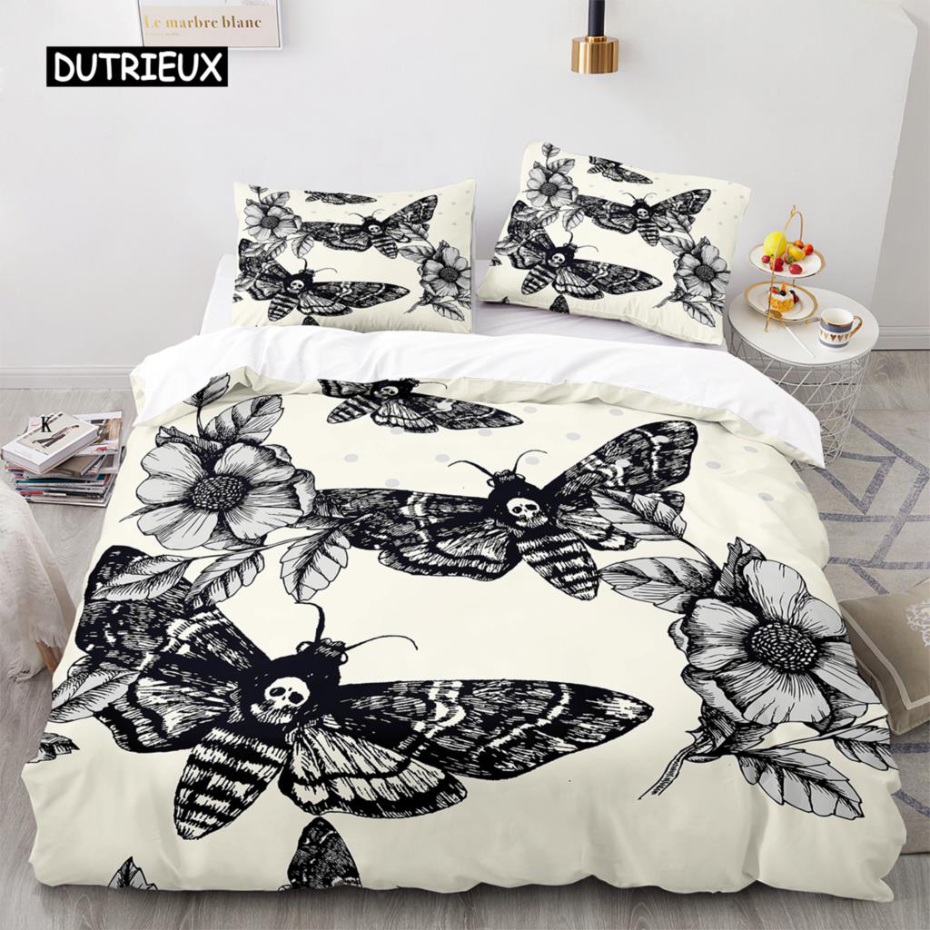 Death Moth Duvet Cover Set Queen Size Gothic Skull Boho Comforter Cover Black and White Skeleton Decorative Soft Bedding Set