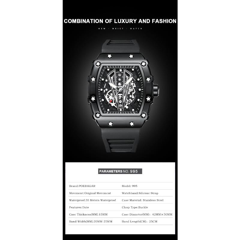 POEDAGAR Moderne Hohlzifferblatt Uhr Sport Top Marke Tonneau Wasserdicht Leuchtend Kalender Silikonarmband Herren Uhren Reloj Hombre
