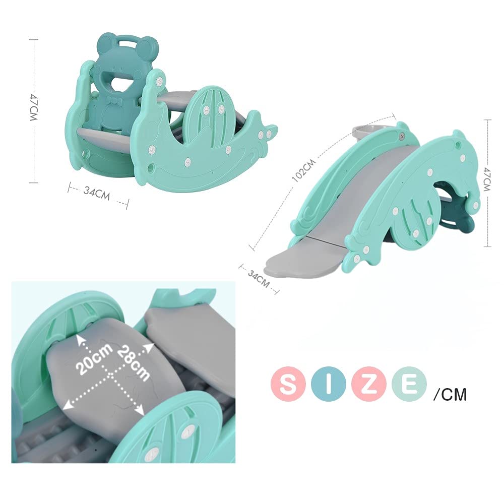 3-in-1 Slide, Rocking Horse, Ride-On, Swing Set, Basketball Hoop, Compact IndoorOutdoor Playground Equipment for Toddlers, Birthday Gift (Mint)