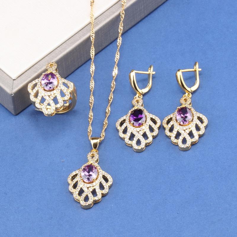 Unique  Gold Plated Wedding Accessories Big Jewelry Sets Colorful Zircon Bridal Necklace And Earrings Ring For Women Gift