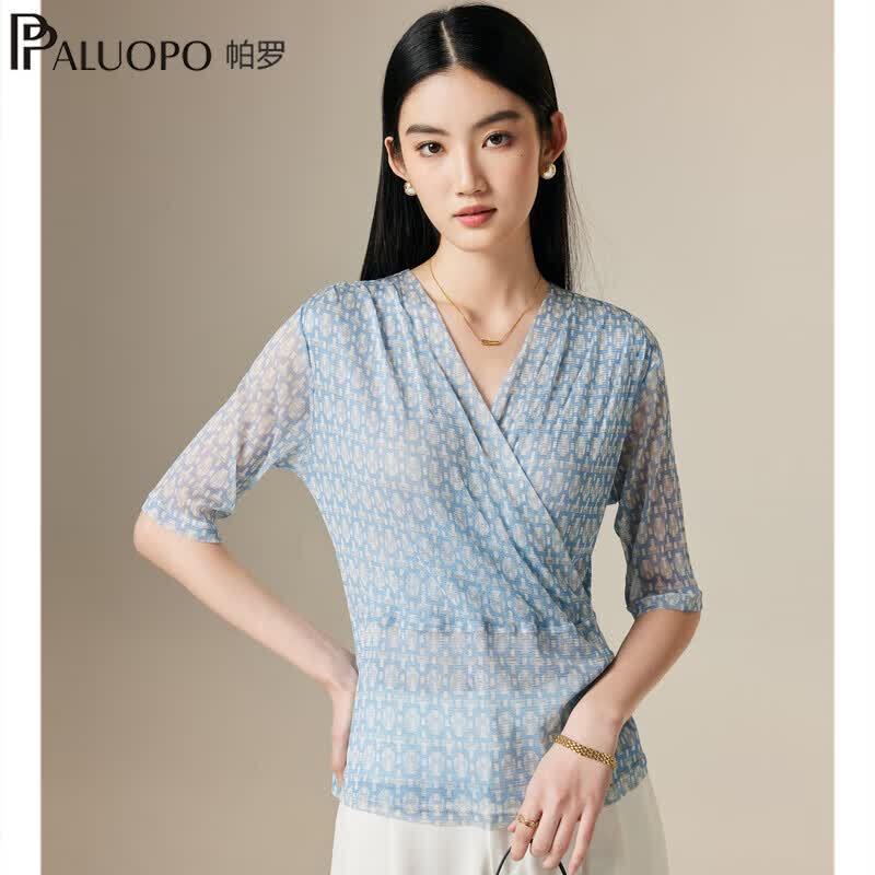 PALUOPO Women s 100% Mulberry Silk Printed V-Neck Half-Sleeve Top L (165/88A)