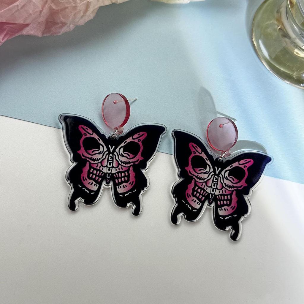 Silver Needle Butterfly Skull Acrylic Halloween Earrings for Women