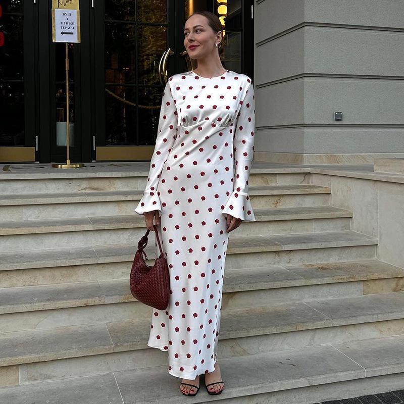 

Women s Polka Dot Bell Sleeve Dress - Elegant & Casual Long Style M белый