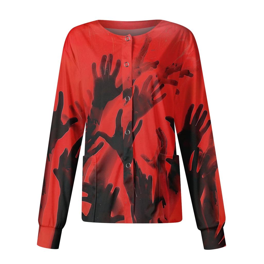 Women's Halloween Printed Casual Long-sleeved Single-breasted Work Uniform Cardigan Top