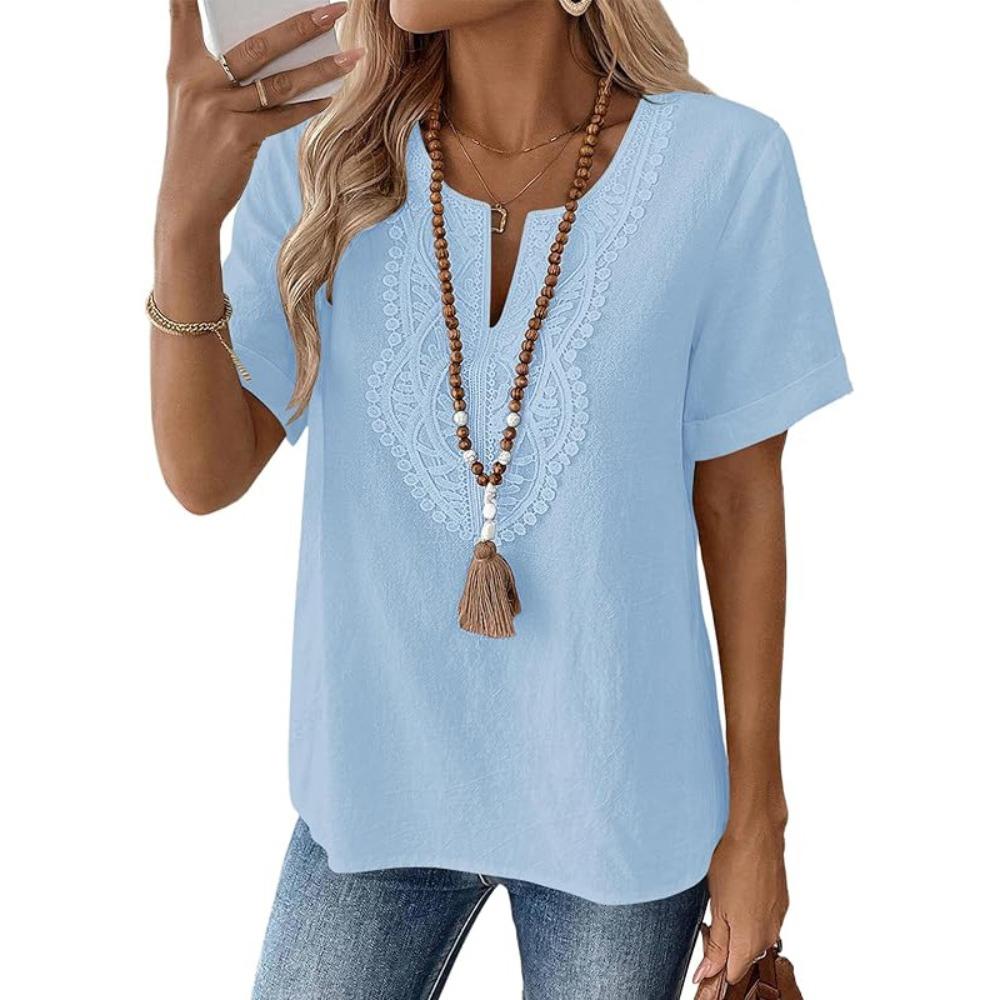 Women's Boho V‑Neck Lace Embroidered Short Sleeve Regular Fit Casual Solid Polyester Blouse Top