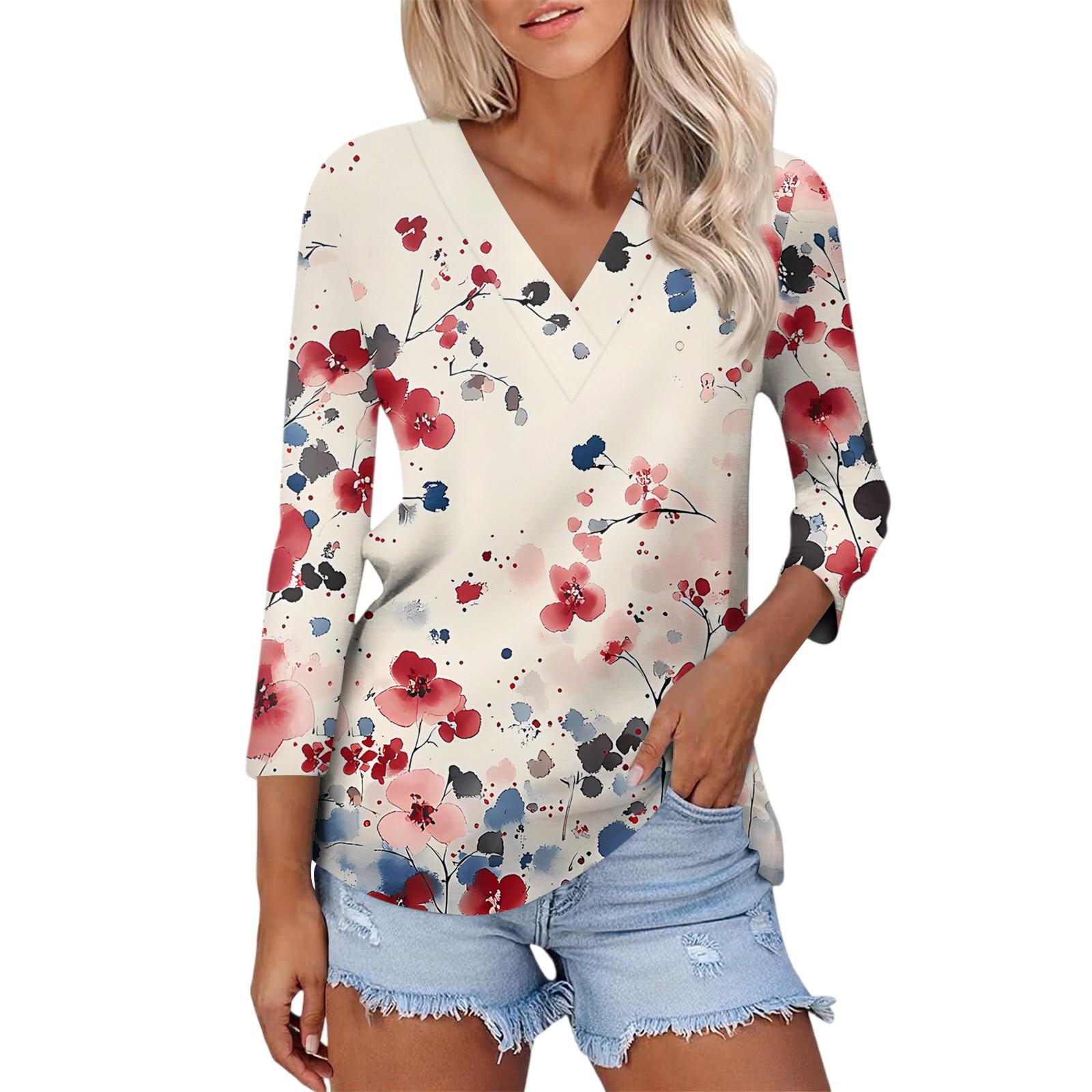 

Женский Повседневный Модный Сексуальный Удобный Топ с V-образным вырезом и Цветочным Принтом, Рукав Три Четверти XL арбуз красный