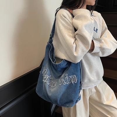 Vintage Embroidered Letter Denim Tote Bag Women's Large Capacity Shoulder Bag