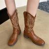 New Women Coffee Brown Embroidery Boots PU Leather Printed Western Cowboy Boots Deep V-mouth High Tube Casual Boots Classic