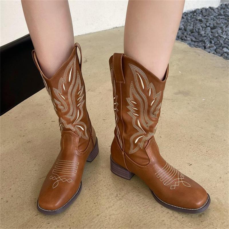 New Women Coffee Brown Embroidery Boots PU Leather Printed Western Cowboy Boots Deep V-mouth High Tube Casual Boots Classic